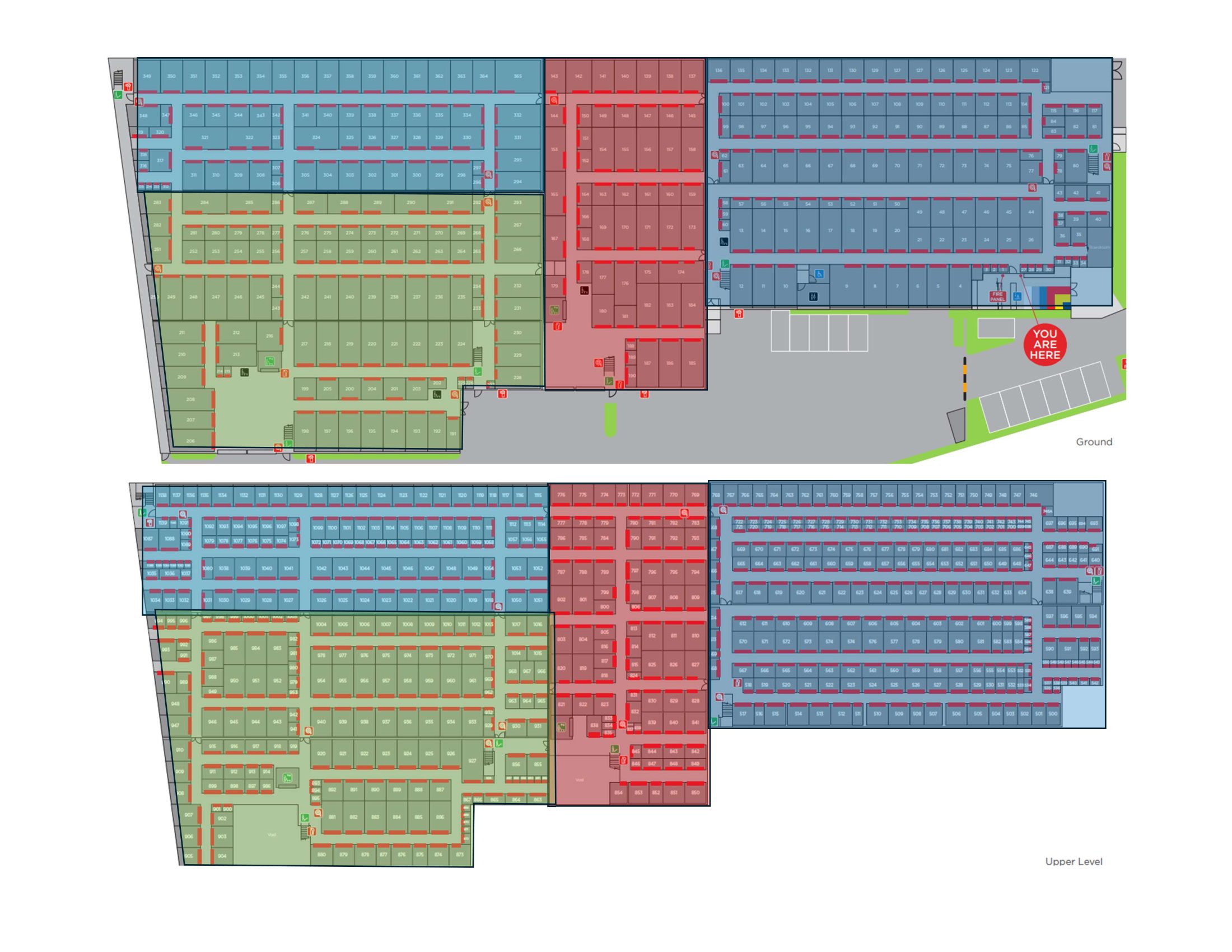 Public Self Storage Scoresby site map showing Ground and Upper Level unit numbers and colour-coded damage zones